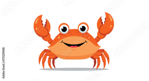 A happy cartoon crab with raised claws and big eyes.