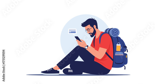 A traveler sitting and using his mobile phone while waiting.