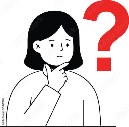 Woman thinking with red question mark above head vector illustration for confusion and doubt concept