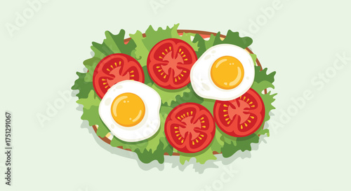 A delicious breakfast salad with fried eggs and tomatoes.