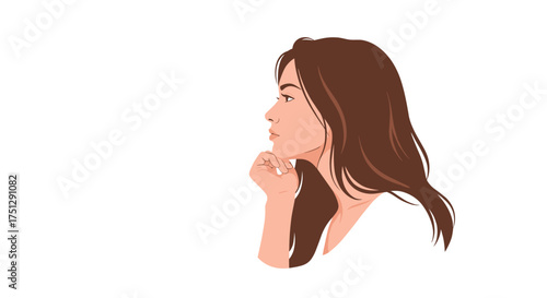 A young woman with long brown hair in a white shirt contemplates deeply.