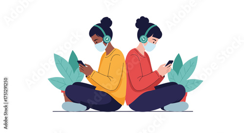 Two people wearing masks and headphones look at their phones.