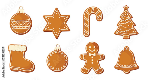 A collection of christmas gingerbread cookies arranged in two rows.