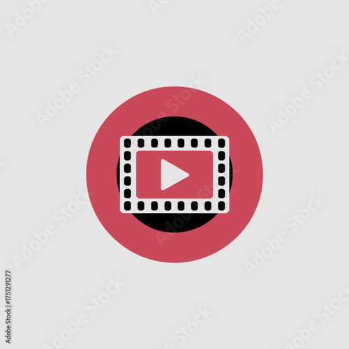 A modern video play button depicted with a film reel icon, perfect for themes involving media, film, and technology in a simple, effective manner for visual storytelling.