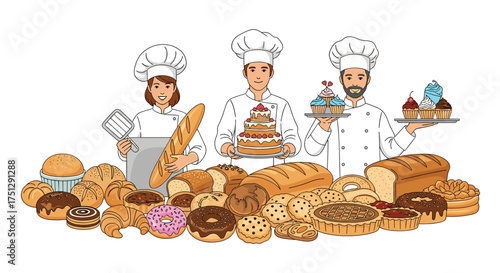 Bakers proudly present a delicious assortment of freshly baked goods.