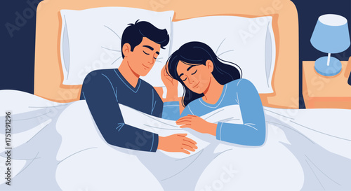 A couple sleeping soundly together in a cozy bed at night.