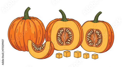 Freshly cut pumpkins showcasing their vibrant orange flesh and seeds.