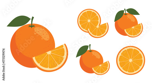 A collection of fresh oranges and orange slices presented on a white background.