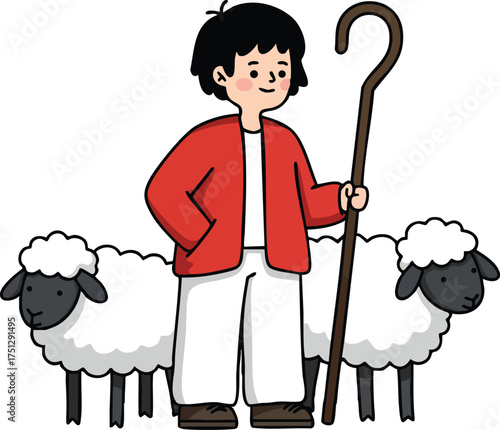 Child shepherd boy standing with two fluffy sheep holding wooden crook in simple vector illustration 