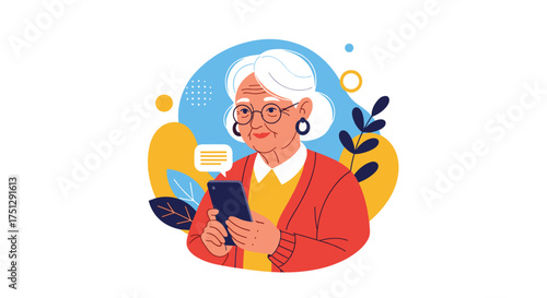 An elderly woman using a mobile phone to communicate with others.