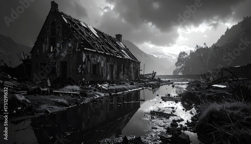 A dilapidated, burnt-out building sits beside a flooded waterway, reflecting a somber scene under a stormy sky. Mountains frame the background