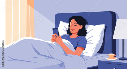 Young woman waking up and checking her phone in bed.