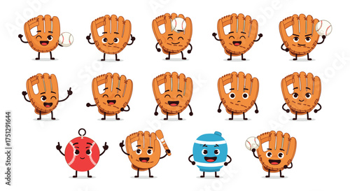 A collection of baseball gloves and balls with happy faces and playful poses.