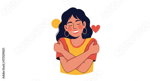 A young woman embracing herself with a smile and a heart symbol above her head.