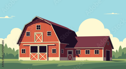 A picturesque red barn sits serenely in a lush green field under a clear blue sky.