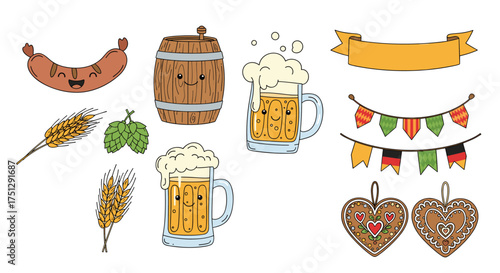 Oktoberfest party elements and symbols of beer and traditional food.