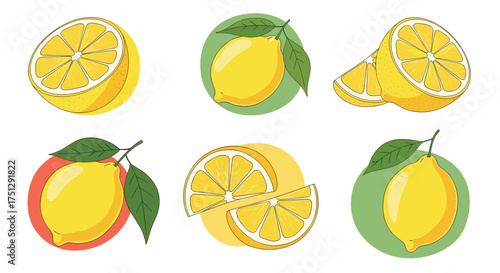 A variety of fresh yellow lemons and citrus slices.