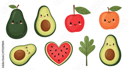 Cute cartoon fruits and vegetables with happy faces.