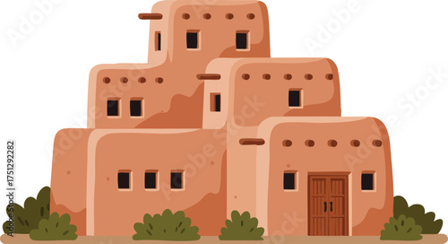 Adobe Style Pueblo Building Illustration with Brown Walls and Green Bushes Vector Artwork 