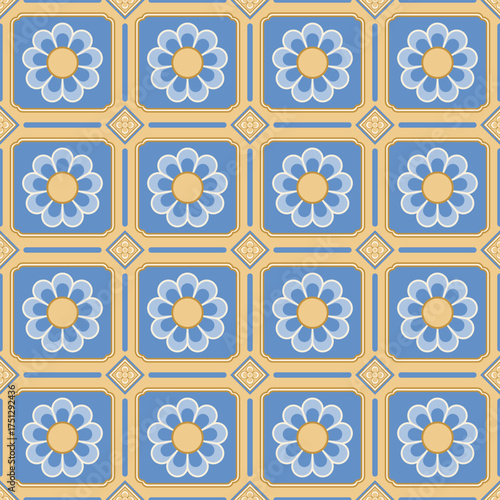 Seamless Floral Tile Pattern with Blue Flower on Beige background.