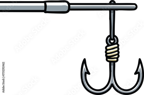 Fishing rod with metal treble hook illustration for angling and fishing hobby equipment design vector 