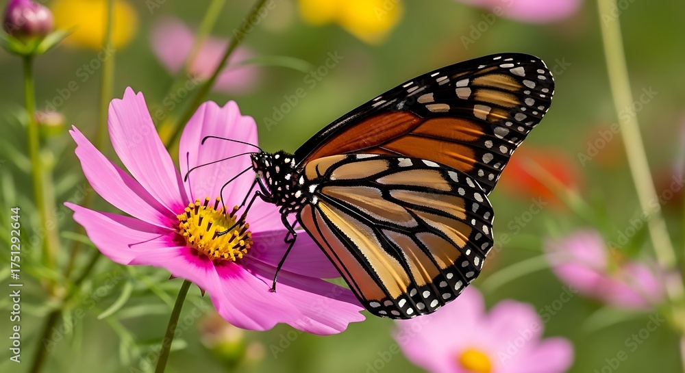 Fototapeta premium Monarch Butterfly on Pink Cosmos Flower in a Garden.