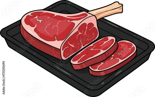 Raw red meat steak with bone on black tray illustration for cooking and food preparation vector 