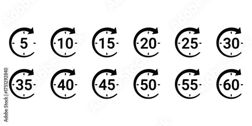 timer, clock, time, countdown, duration, interval, minute, second, number, circular, icon, set, collection, black and white, graphic, symbol, 5, 10, 15, 20, 25, 30, 35, 40, 45, 50, 55, 60, white backg