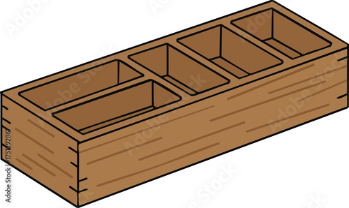 Wooden storage organizer box with multiple compartments for office or home use in brown color vector illustration 