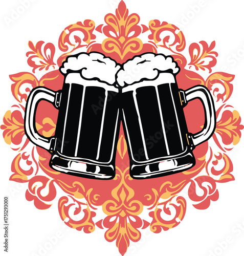 Symbolic traditional tattoo art print, classic black and white vector silhouette of beer mugs toasting against a vibrant, ornamental retro background, rendered in bold lines and rich hues