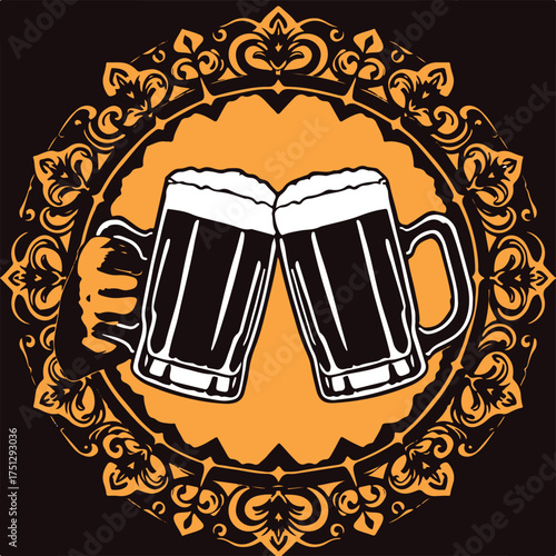 Symbolic traditional tattoo art print, classic black and white vector silhouette of beer mugs toasting against a vibrant, ornamental retro background.