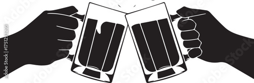 The iconic image of beer mugs toasting presented as a black and white vector silhouette with intricate origami styling and refined geometric details.