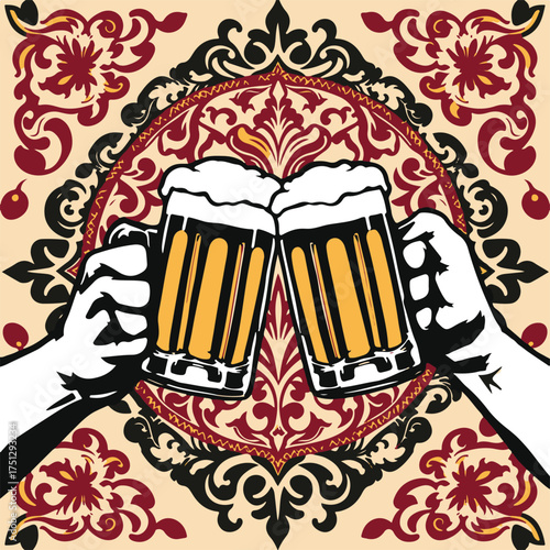 Symbolic traditional tattoo art print, classic black and white vector silhouette of beer mugs toasting against a vibrant, ornamental retro background