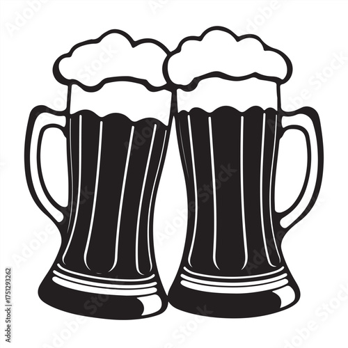 Vector-style silhouette of classic black and white beer mugs toasting on a white background.