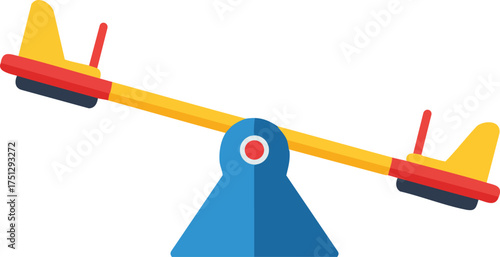 Children playground seesaw with yellow red seats and blue base vector illustration for outdoor leisure activities 