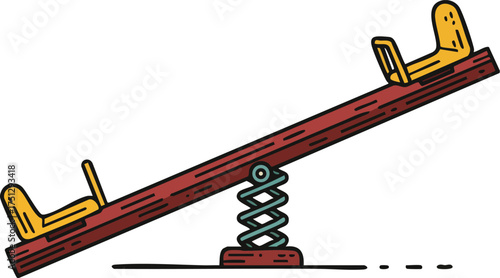 Wooden seesaw playground equipment with yellow seats and metal spring base vector illustration