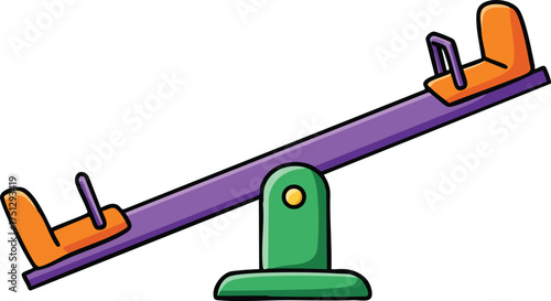 Playground seesaw illustration with green base and orange seats in simple vector style