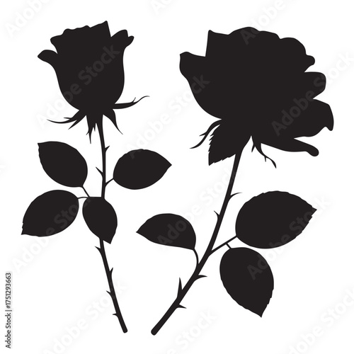 Black and White Rose Flower Silhouettes Vector Set