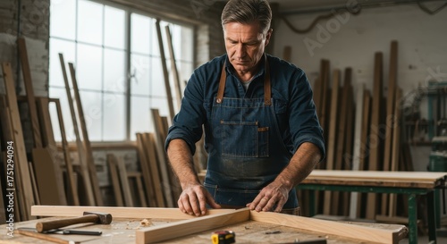Skilled craftsman works with wood pieces in a workshop.