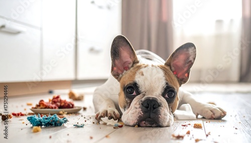A French bulldog rests on a hardwood floor after a presumed mishap. Food debris is scattered around it near a cabinet and curtain