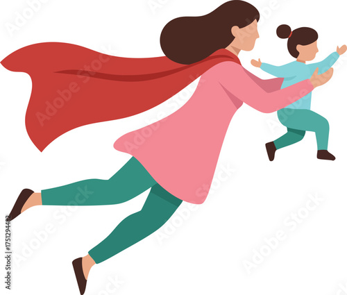 Supermom flying with child in joyful playful moment celebrating motherhood and family bonding vector illustration 