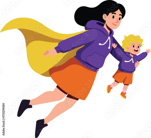 Mother and child flying with superhero capes in playful family bonding scene vector illustration 