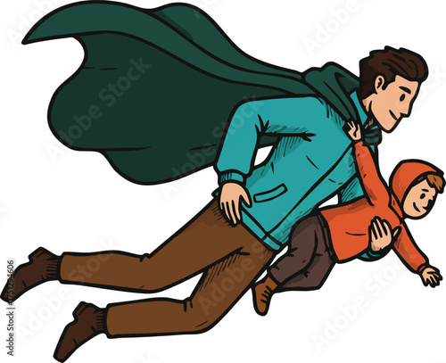 Man Carrying Child Flying Like Superhero Illustration in Cape and Casual Clothes