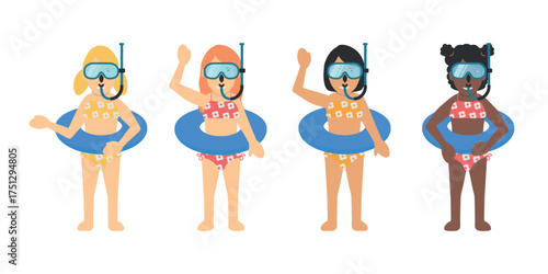 Girls Children Swimsuit Bather Character. Blonde, Black and Red Hairs, White, Brown and Black Skins, Wearing Bikinis, Buoy and Diving Mask.