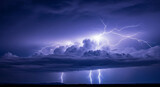 Witness the awe-inspiring power of nature as dramatic lightning strikes illuminate a stormy night sky over a dark landscape, creating a breathtaking spectacle.