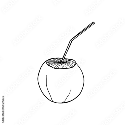 A simple black and white drawing of a coconut with a straw sticking out of it in a minimalist style design
