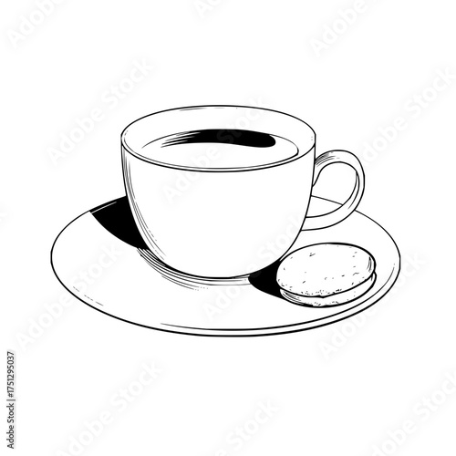 A simple line drawing of a coffee cup with a saucer and a small cookie on a white background image