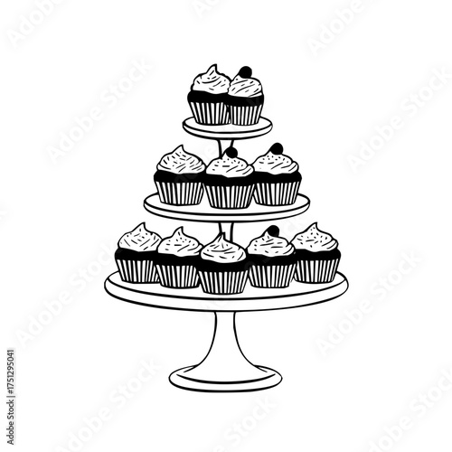 A three tiered stand filled with cupcakes with frosting and cherries on a white background image art