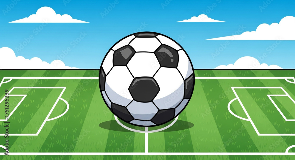 Naklejka premium Dynamic soccer ball centered on vibrant green field with clear blue sky and fluffy clouds, ready for action