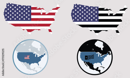 Striking collection of patriotic USA icons featuring black white state map, waving American flag and geometric star in traditional red white blue colors for national designs